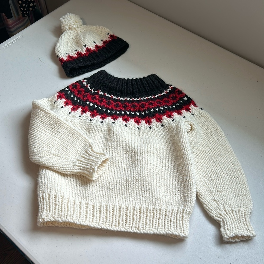 Handmade Kids Fair Isle Fisherman Winter Cozy Sweater And Hat Set